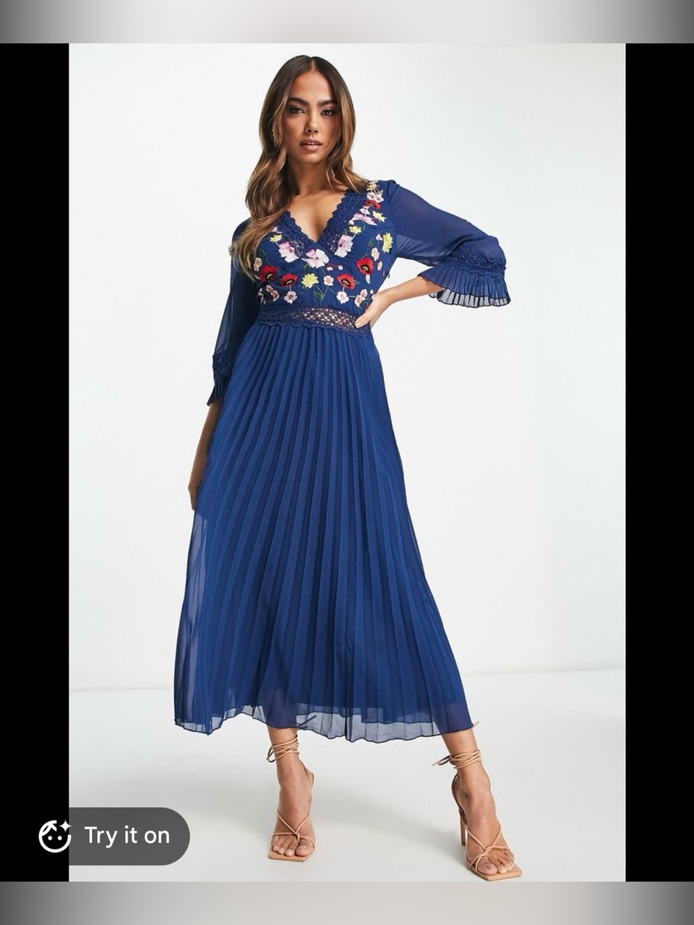 ASOS Deep Teal Pleated Midi Dress with Multicolor Floral Embroidery